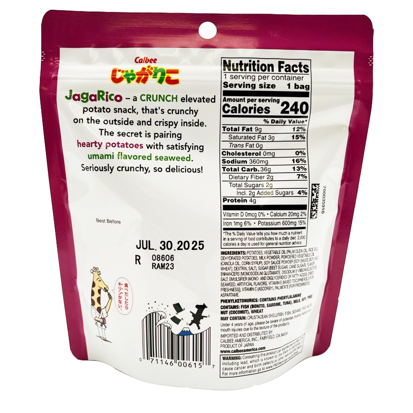 Calbee Jagarico Flavored Potato Snack, Umami Seaweed Flavor 1.83 oz